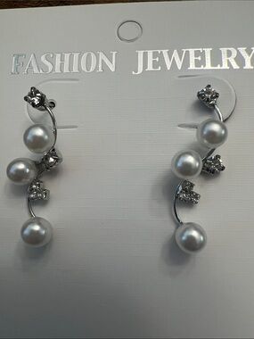Fashion Jewelry Silver Pearl & Crystal Cascade Earrings